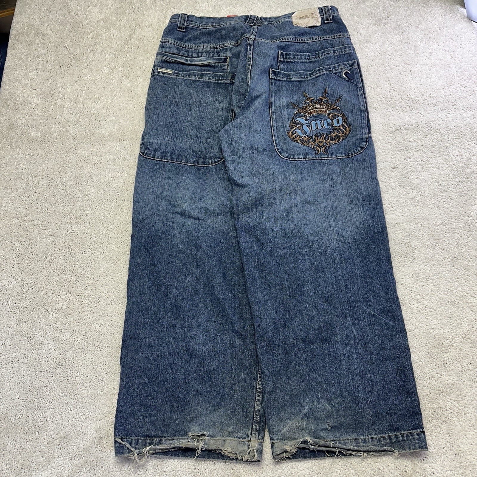 Vintage 90s Jnco Embroidered Crown Tribal Wide Leg Denim Baggy Jeans 38x32